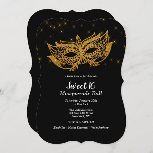 Sweet 16 Gold Mask Masquerade Invitation - Sweet 16 Masquerade Ball Gold and Black Invitation
