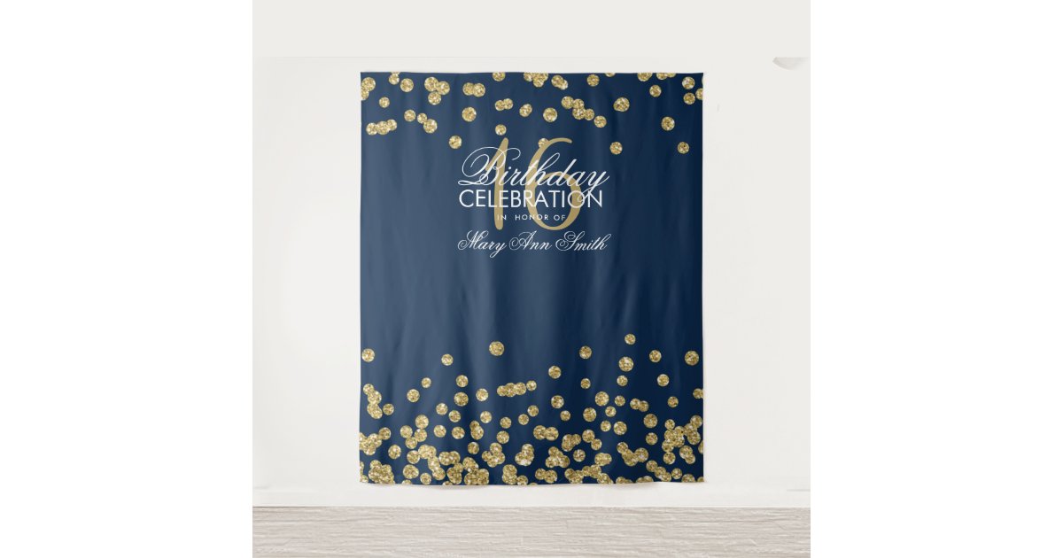 Sweet 16 Gold Navy Blue Glitter Confetti Backdrop | Zazzle.com