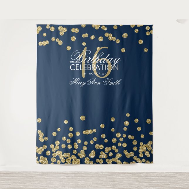 Sweet 16 Gold Navy Blue Glitter Confetti Backdrop (Front)
