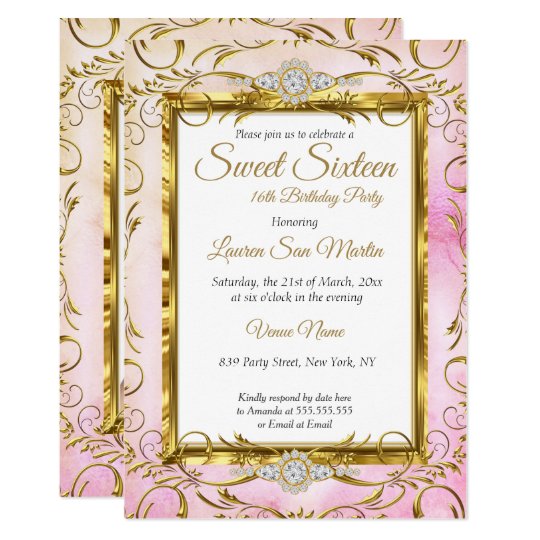 Sweet 16 Gold Pink Diamond Photo Birthday Party Invitation Sweet 16 Gold Pink Diamond Photo Birthday Party Invitation