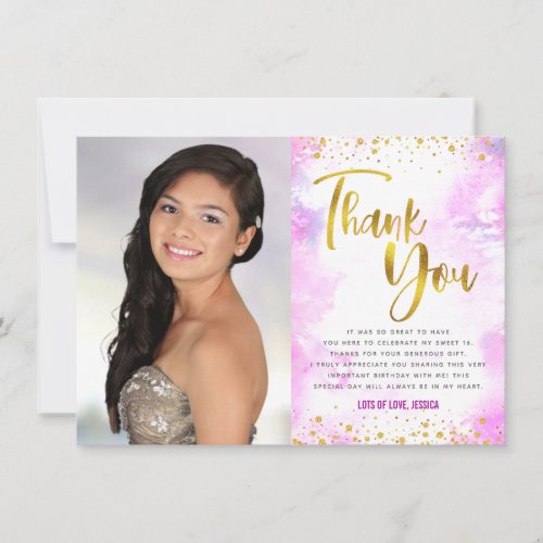 Sweet 16 Gold Pink Watercolor Photo Modern Girly Thank You Card