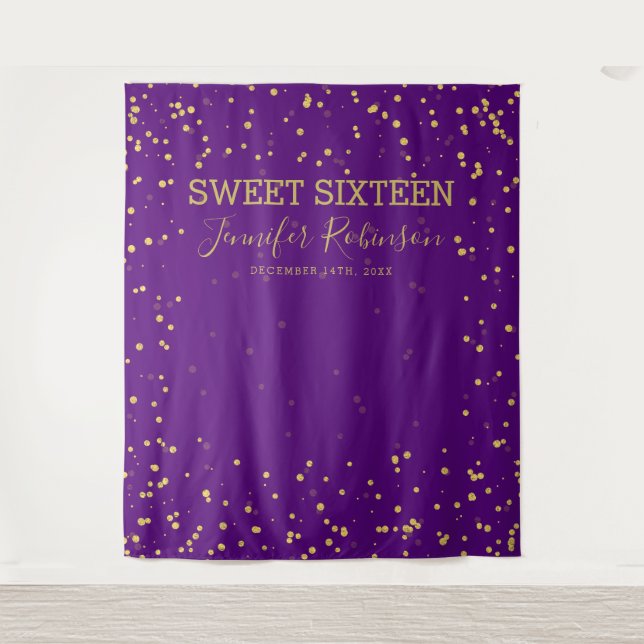 Sweet 16 Gold & Purple Glitter Dots Backdrop (Front)