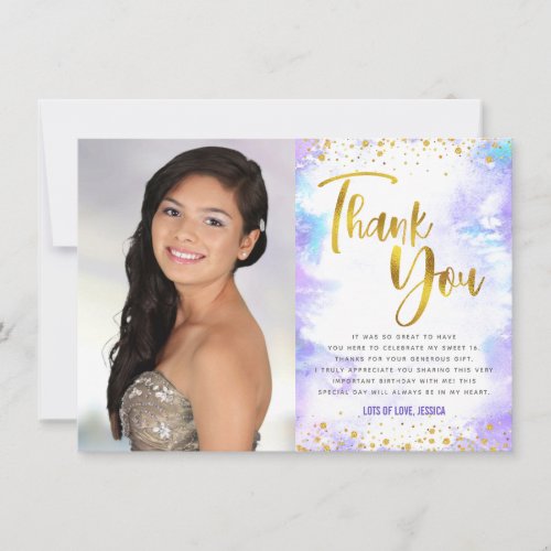 Sweet 16 Gold Purple Watercolor Photo Modern Girly Thank You Card