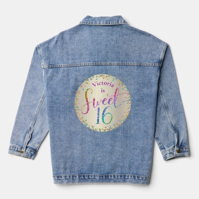 Sweet 16 Gold Rainbow Glitter Confetti Birthday Denim Jacket (Back)
