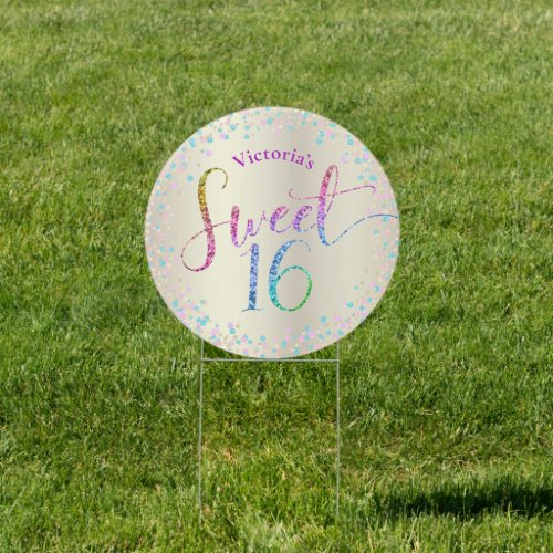 Sweet 16 Gold Rainbow Glitter Dots Birthday Yard Sign