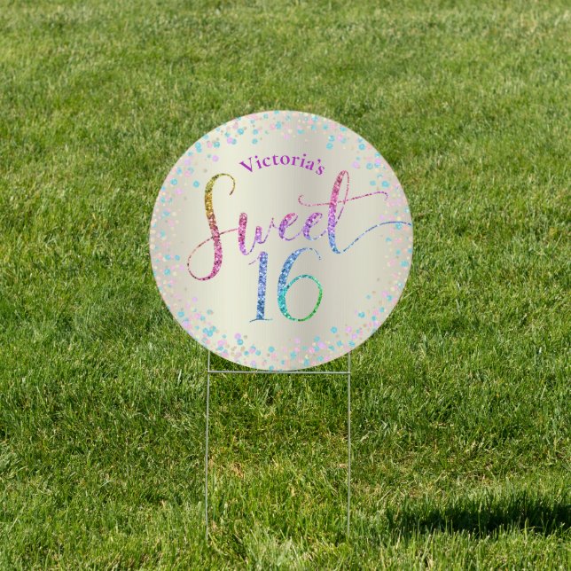 Sweet 16 Gold Rainbow Glitter Dots Birthday Yard Sign (Insitu)