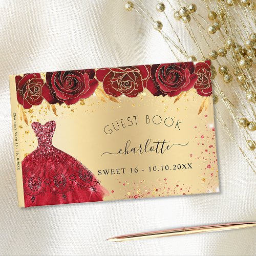 Sweet 16 gold red dress flowers glitter guest book
