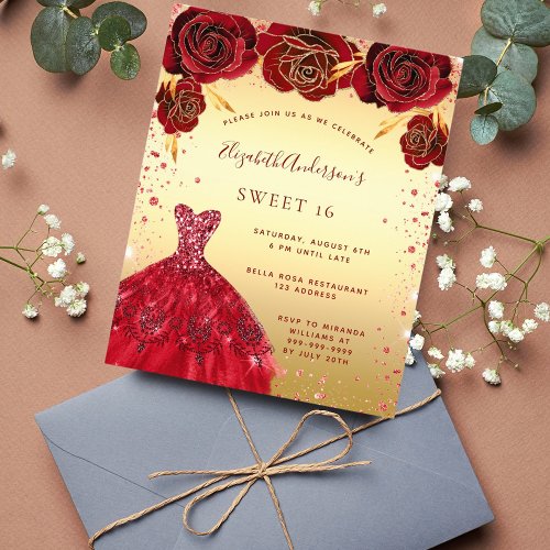 Sweet 16 gold red glitter dress budget invitation flyer