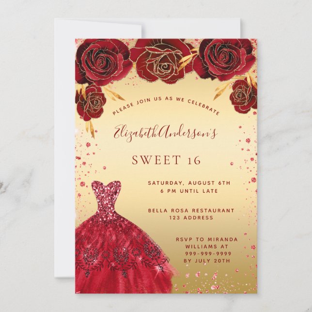 Sweet 16 gold red glitter dress glamorous invitation (Front)