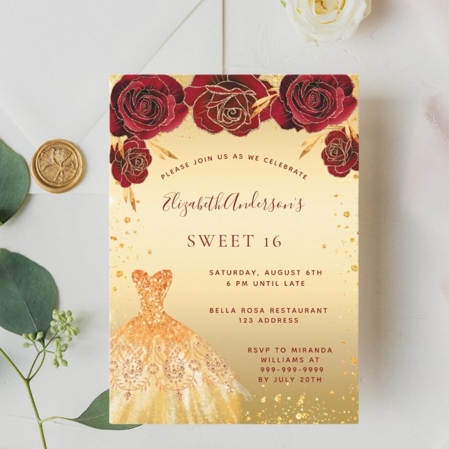 Sweet 16 gold red glitter dress invitation (Creator Uploaded)