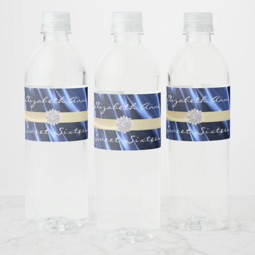 Sweet 16 Gold Ribbon Navy Blue Sparkle Stars Water Bottle Label