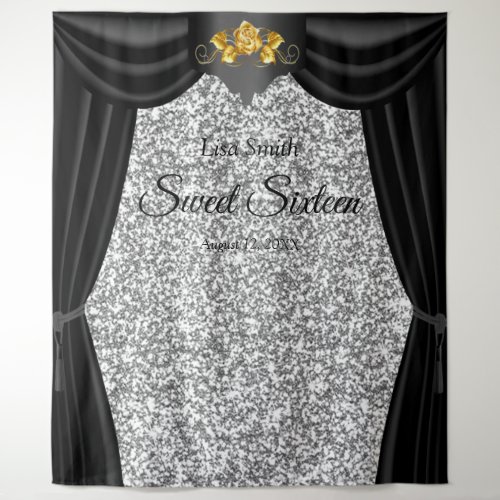Sweet 16 Gold Rose Black Curtain Silver Glitter  Tapestry