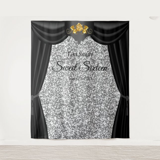 Sweet 16 Gold Rose Black Curtain Silver Glitter  Tapestry (Front)