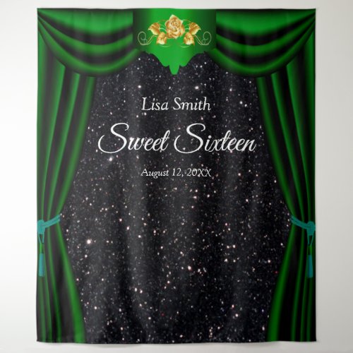 Sweet 16 Gold Rose Green Curtain Black Glitter Tapestry