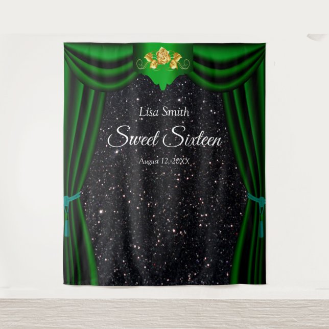 Sweet 16 Gold Rose Green Curtain Black Glitter Tapestry (Front)
