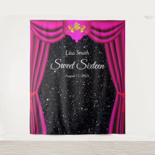 Sweet 16 Gold Rose Pink Curtain Black Glitter Tapestry