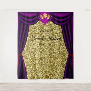 Sweet 16 Gold Rose Purple Curtain Gold Glitter Tapestry