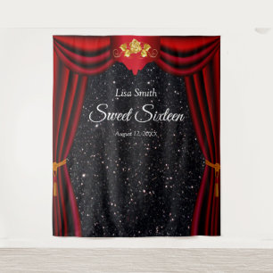 Sweet 16 Gold Rose Red Curtain Black Glitter Tapestry