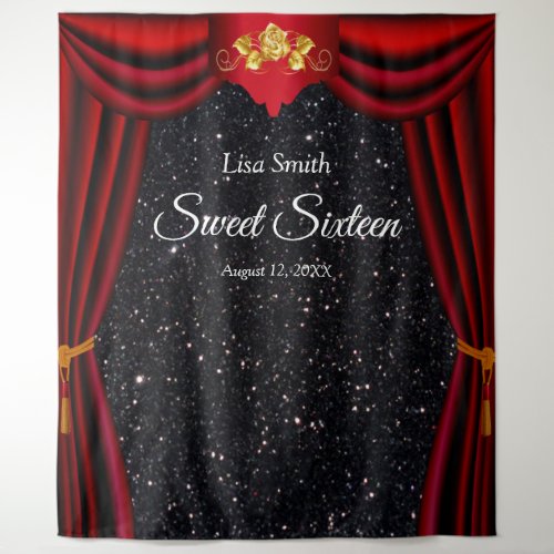 Sweet 16 Gold Rose Red Curtain Black Glitter Tapestry