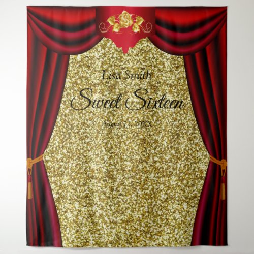 Sweet 16 Gold Rose Red Curtain Gold Glitter Tapestry