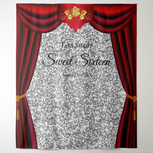 Sweet 16 Gold Rose Red Curtain Silver Glitter Tapestry