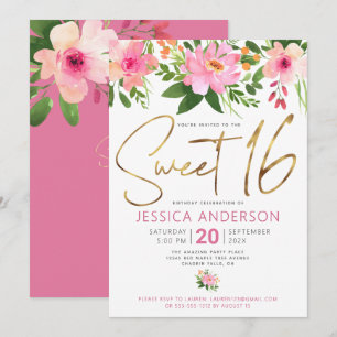 Sweet 16 Gold Script Blush Pink Floral Watercolor Invitation