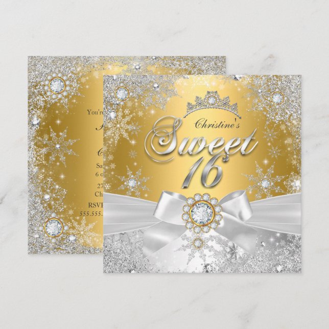 Sweet 16 Gold Silver Princess Winter Wonderland Invitation (Front/Back)