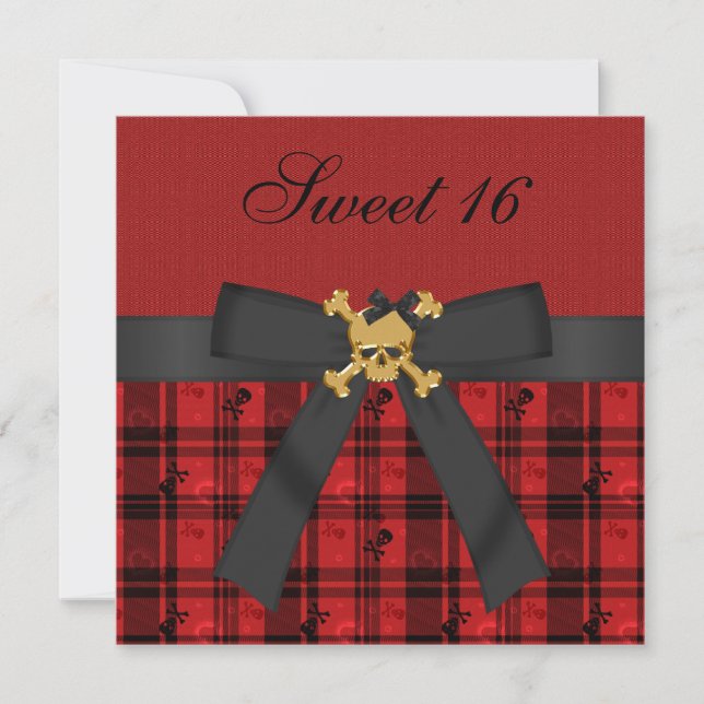Sweet 16 Gold Skull Black & Red Party Invites (Front)