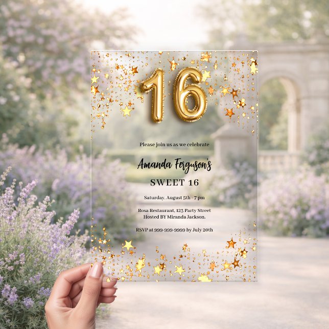 Sweet 16 gold stars clear acrylic invitations (Creator Uploaded)