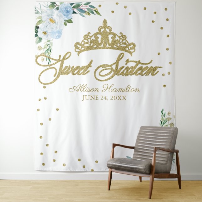 Sweet 16 Gold Tiara Blue Floral Backdrop (In Situ)