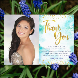 Sweet 16 Gold Turquoise Watercolor Photo Modern Thank You Card