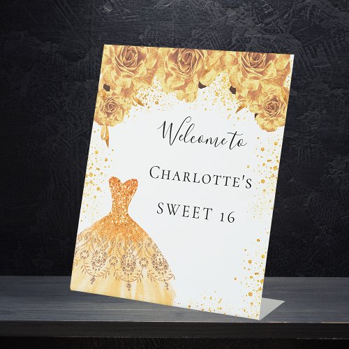 Sweet 16 gold white dress florals party welcome  pedestal sign