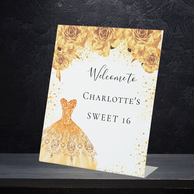 Sweet 16 gold white dress florals party welcome  pedestal sign (Creator Uploaded)