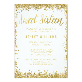 Sweet 16 Gold White Faux Glitter Birthday Card