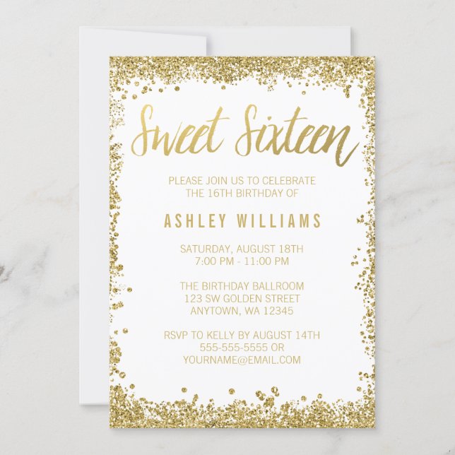 Sweet 16 Gold White Faux Glitter Birthday Invitation (Front)