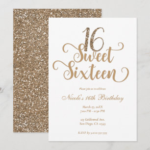Sweet 16 Gold & White Glitter Birthday Party  Invitation