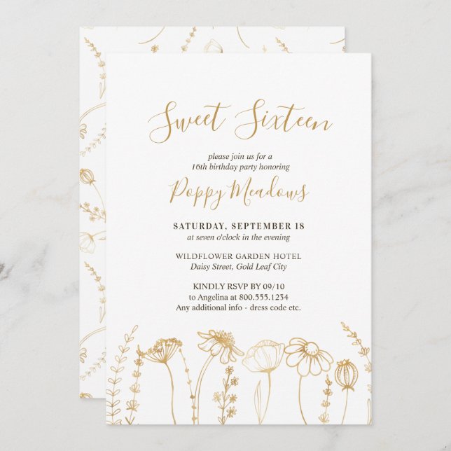 Sweet 16 Gold Wildflower Sketch 16th Birthday Invitation (Front/Back)