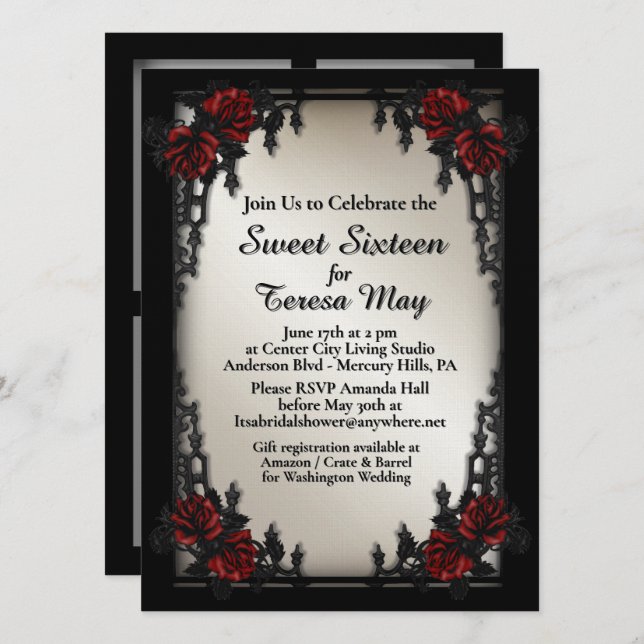 Sweet 16 Gothic Red Rose with Four Photos Area Invitation (Front/Back)