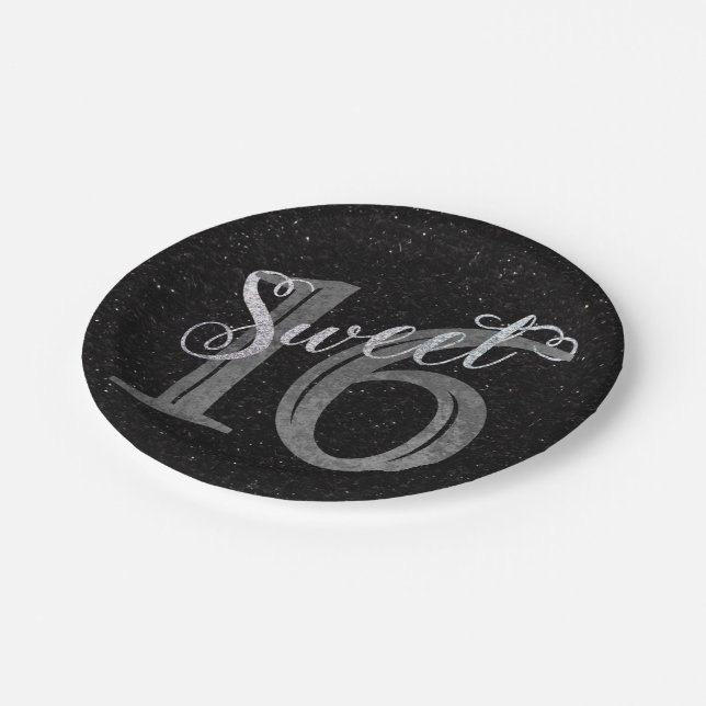 Sweet 16 | Gray Grunge and Faux Silver Glitter Paper Plates (Angled)
