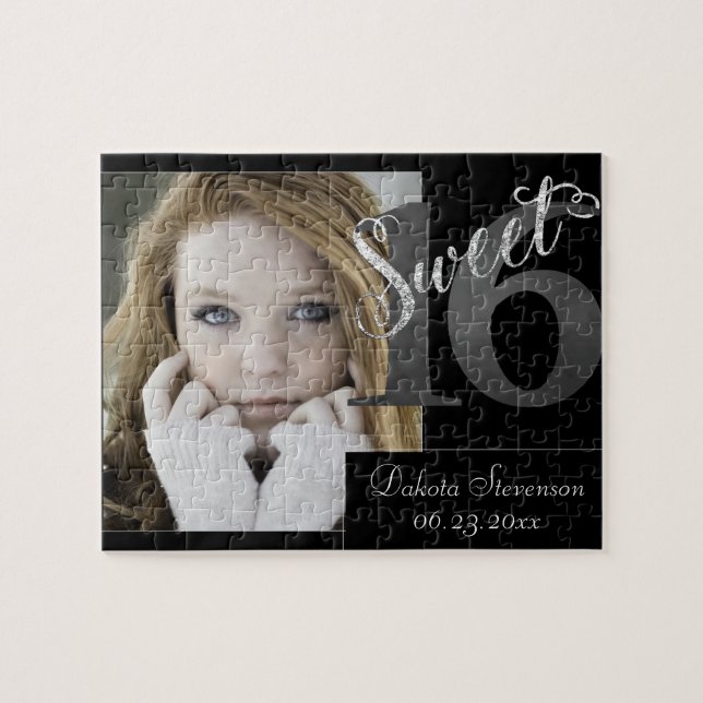 Sweet 16 | Gray Grunge Faux Silver Glitter Photo Jigsaw Puzzle (Horizontal)