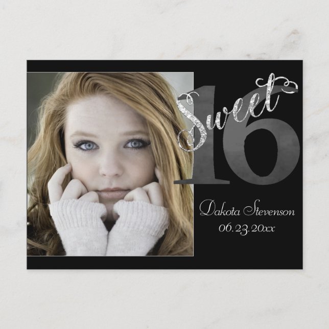 Sweet 16 | Gray Grunge Faux Silver Glitter Photo Postcard (Front)