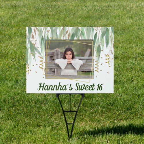 Sweet 16 Green and Gold Willow Leaves Photo  Sign