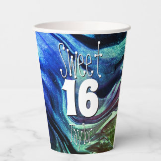 Sweet 16 Green & Blue Marble Personalized Paper Cups