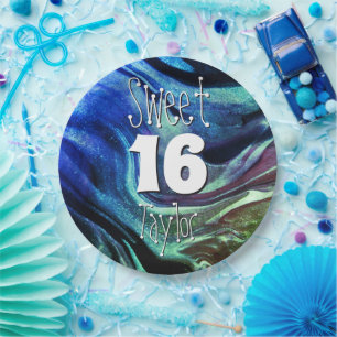 Sweet 16 Green & Blue Marble Personalized Paper Plates