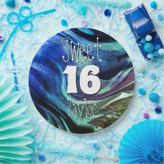 Sweet 16 Green & Blue Marble Personalized Paper Plates