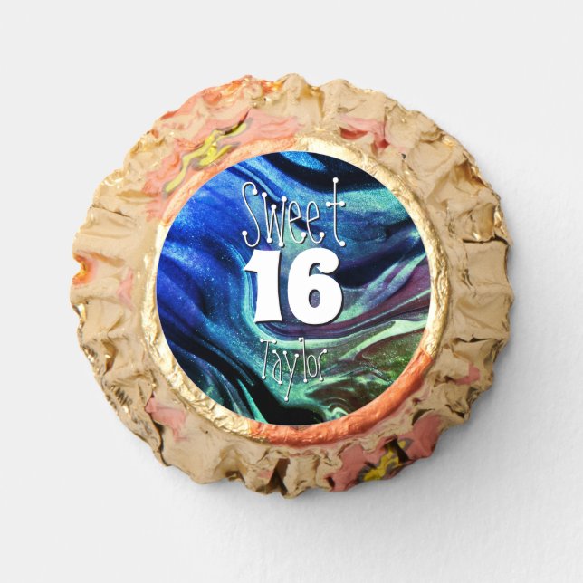 Sweet 16 Green & Blue Marble Personalized Reese's Peanut Butter Cups (Front)
