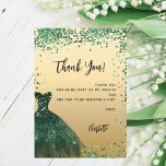 Sweet 16 green dress confetti thank you card<br><div class="desc">A feminine and elegant birthday thank you card. A faux gold looking background,   with green faux glitter,  sparkles,  and a green dress.  On front a large hand lettered script and the text: Thank You.</div>