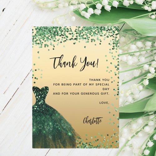 Sweet 16 green dress confetti thank you card