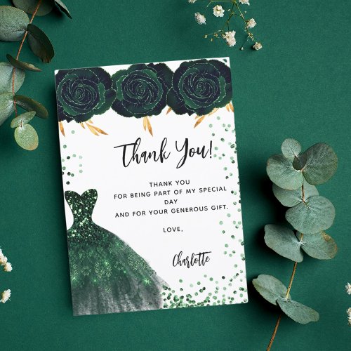 Sweet 16 green dress florals thank you card