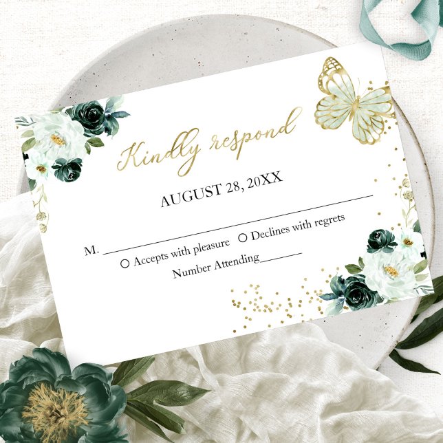 Sweet 16 Green Floral Butterfly RSVP Enclosure Invitation (Creator Uploaded)